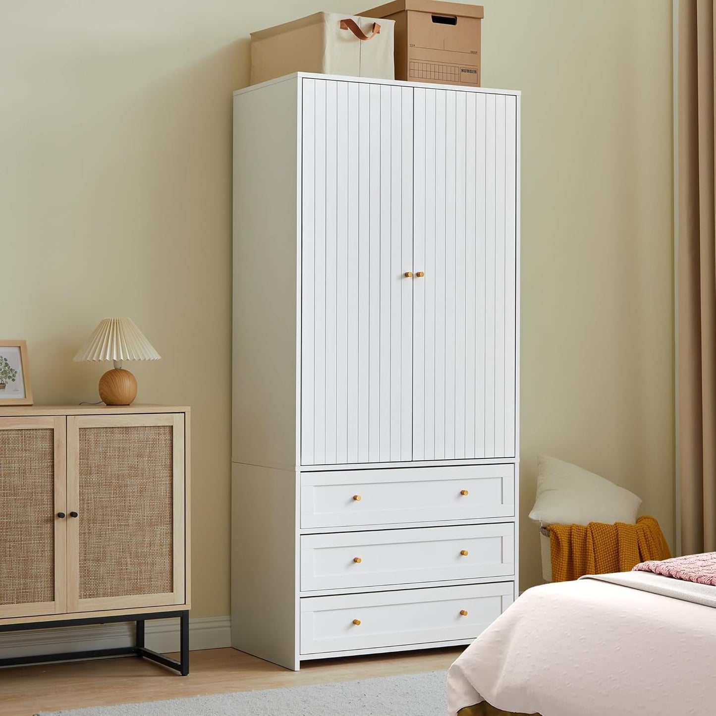 Wardrobe Armoire Wooden Closet with 2 Doors,71" Closet Armoire Set of 2,3 Drawers Household Freestanding Wooden Storage Cabinet for Bedroom (White)