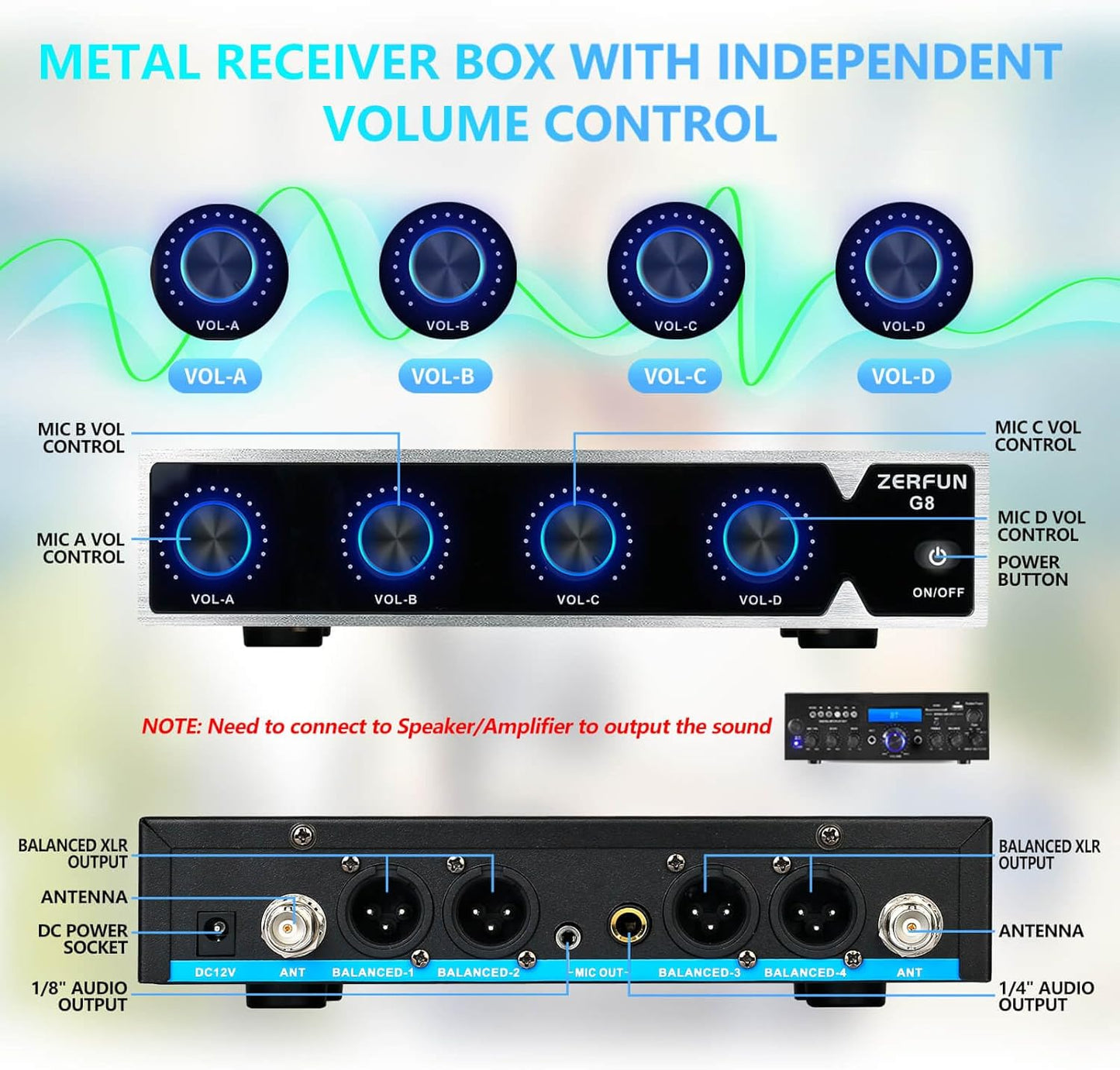 Rechargeable Wireless Microphone System 4 Channel Pro, UHF Metal Handheld Headset Lavalier Lapel Mics Cordless for Church Karaoke Singing with Volume Control, 4x50 Frequency(G8)