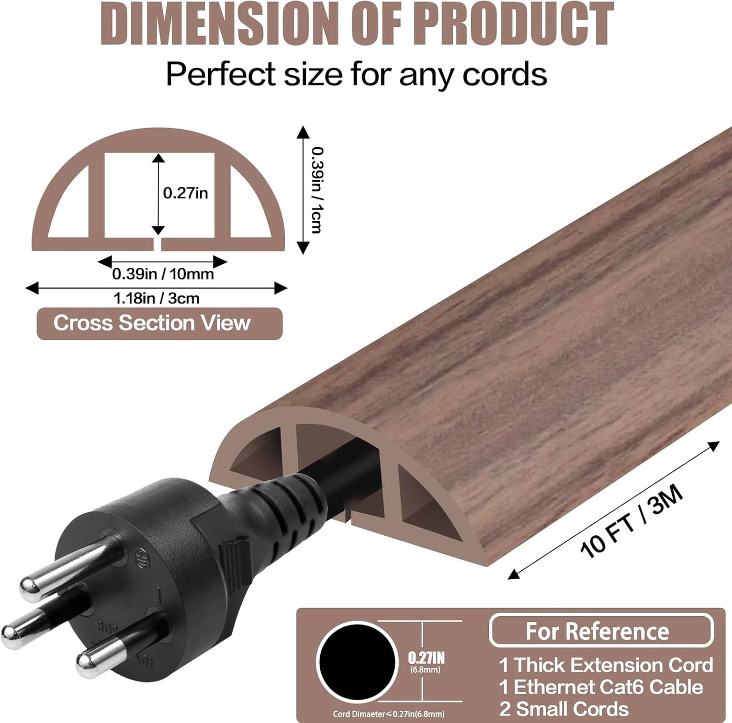 Floor Cord Cover Self Adhesive Cord Hider,10FT Cable Management, Extension Strip Protector for Wires, Prevent Cable Trips for Offices, Gyms, Exhibitions Cavity:0.39"(W) x 0.27"(H) Wood Walnut