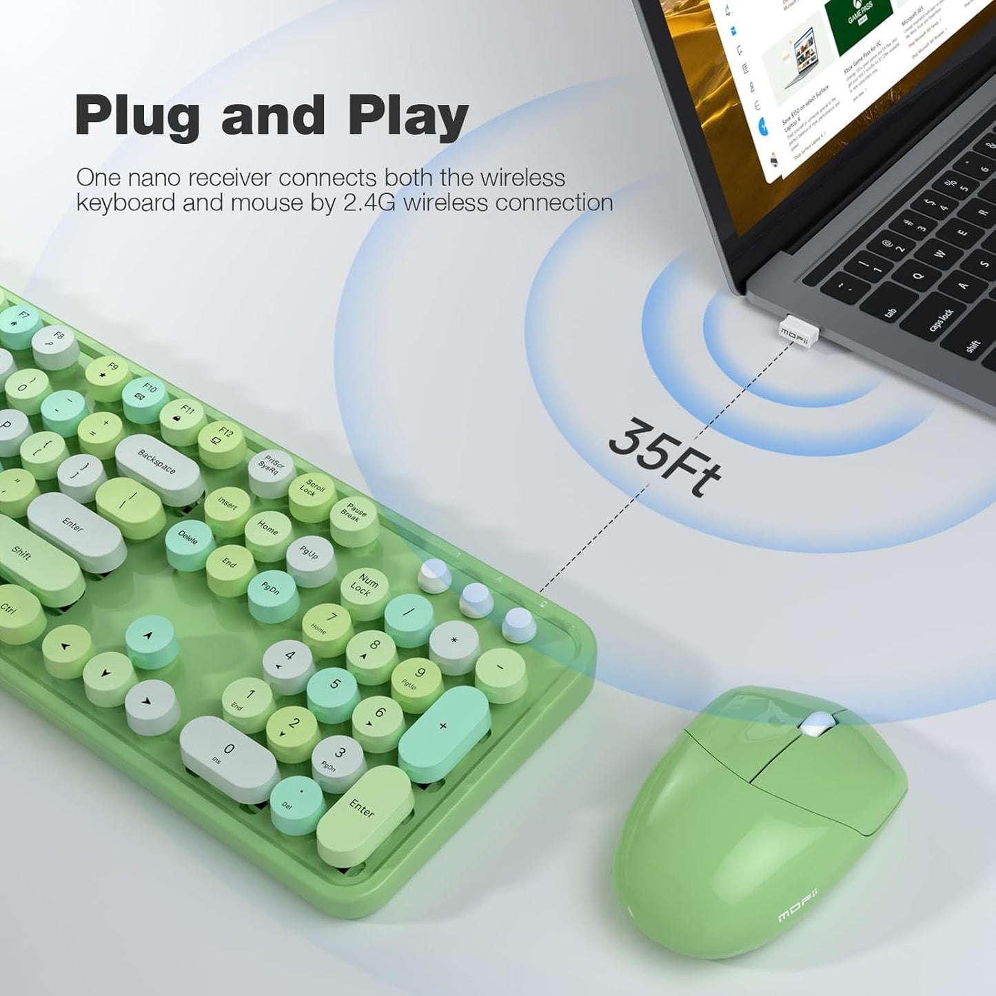 Wireless Keyboard and Mouse Combo, MOWUX Colorful Computer Full Size 2.4G Plug and Play Wireless Typewriter Keyboard and Mouse Set for Windows, Computer, Desktop, PC, Notebook (Green Colorful)