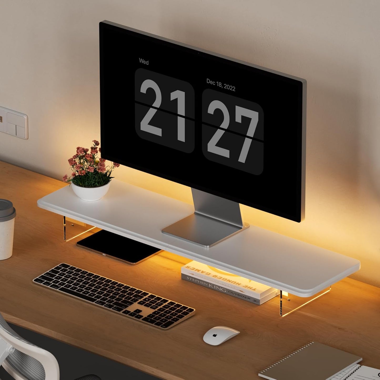 Monitor Stand Riser,31.5-Inch LED Light Wood Computer Monitor Stand with Adjustable Acrylic Legs,Desk Accessories Desktop Organizer Stand for Computer,Laptop,Printer,PC TV Screen Riser，White