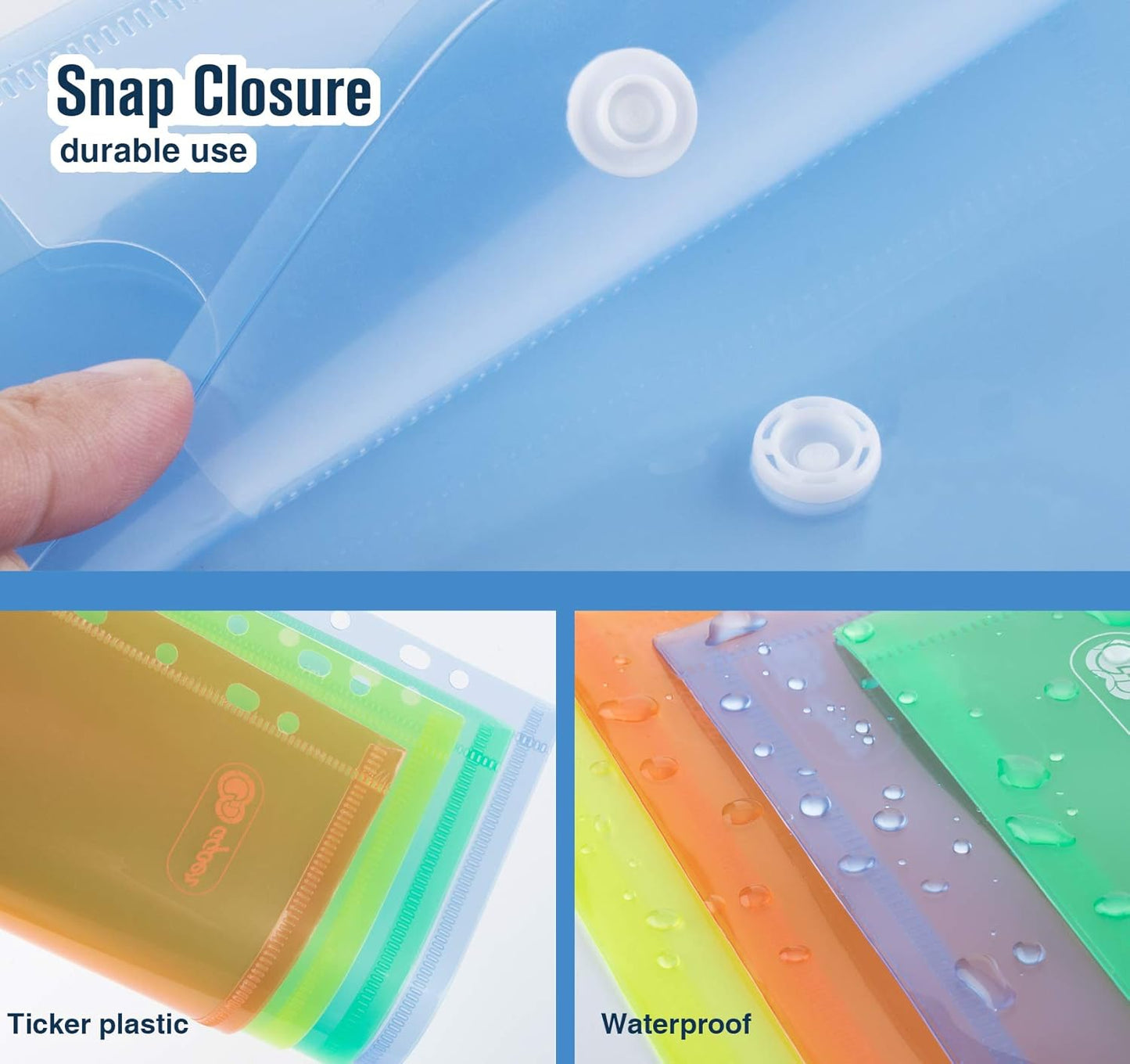 ABSOFINE 24 Pack Plastic Envelope Document Folders with Label Pocket and Snap Button for Home Work Office Organization, A4 Letter Size, Binder Pocket Folders for 11 Ring Binder, Assorted Colors