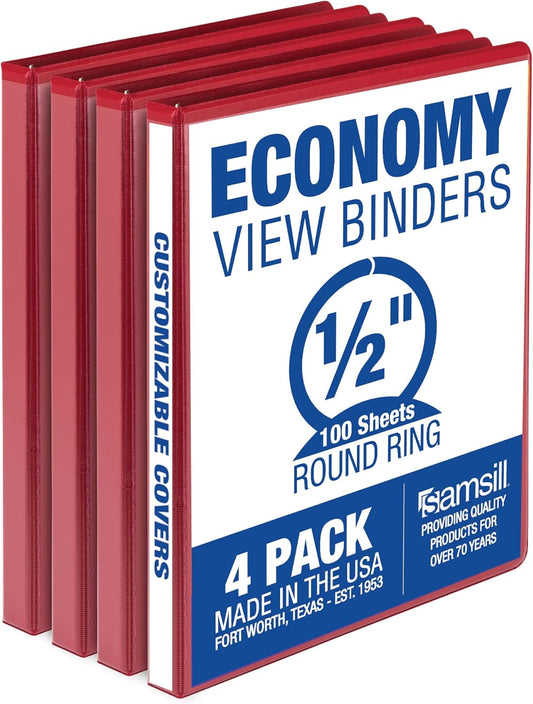 Samsill 0.5 Inch 3 Ring Binder, Made in USA, Economy Round Ring, Clear View Cover, 100 Sheet Capacity - for School, Home, Office - Red, 4 Pack