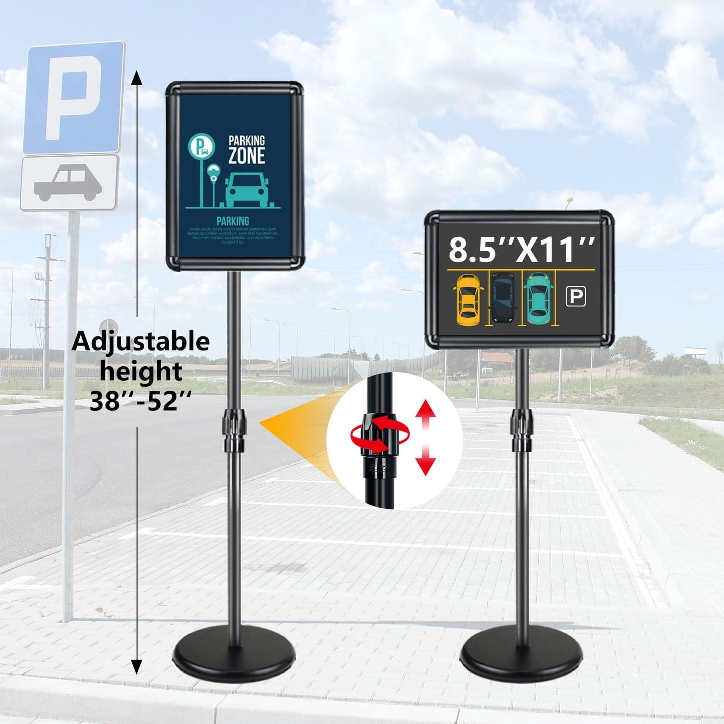 Adjustable Sign Holder Stand for Display, Pedestal Floor Poster Stand Sign Holder 8.5x11 inch, Snap Frame for Vertical and Horizontal View, Standing Sign Holder for Business Mall, Black
