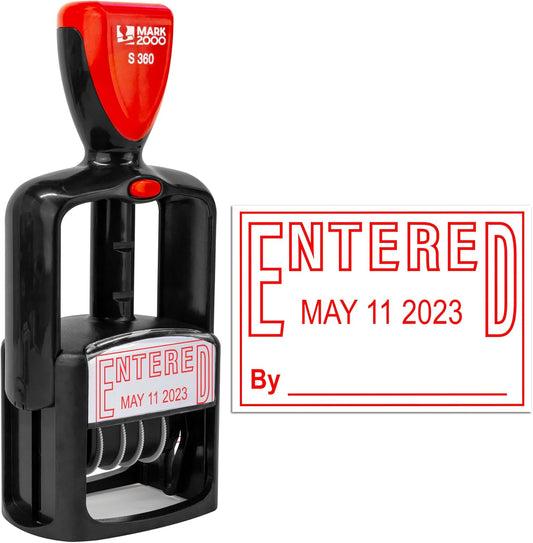 Self-Inking Rubber Date Office Stamp with Entered Phrase - Red Ink - 12-Year Band