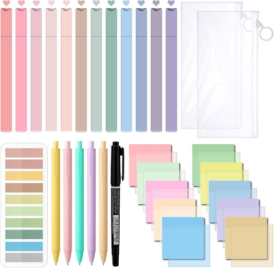Jutom 38 Pcs Book Annotation Kit Aesthetic Highlighters Gel Pens Set Sticky Notes Tabs Markers Dual Ended Highlighter Quick Dry Ink Pens for Office Annotating Books(Pastel Color,Square)