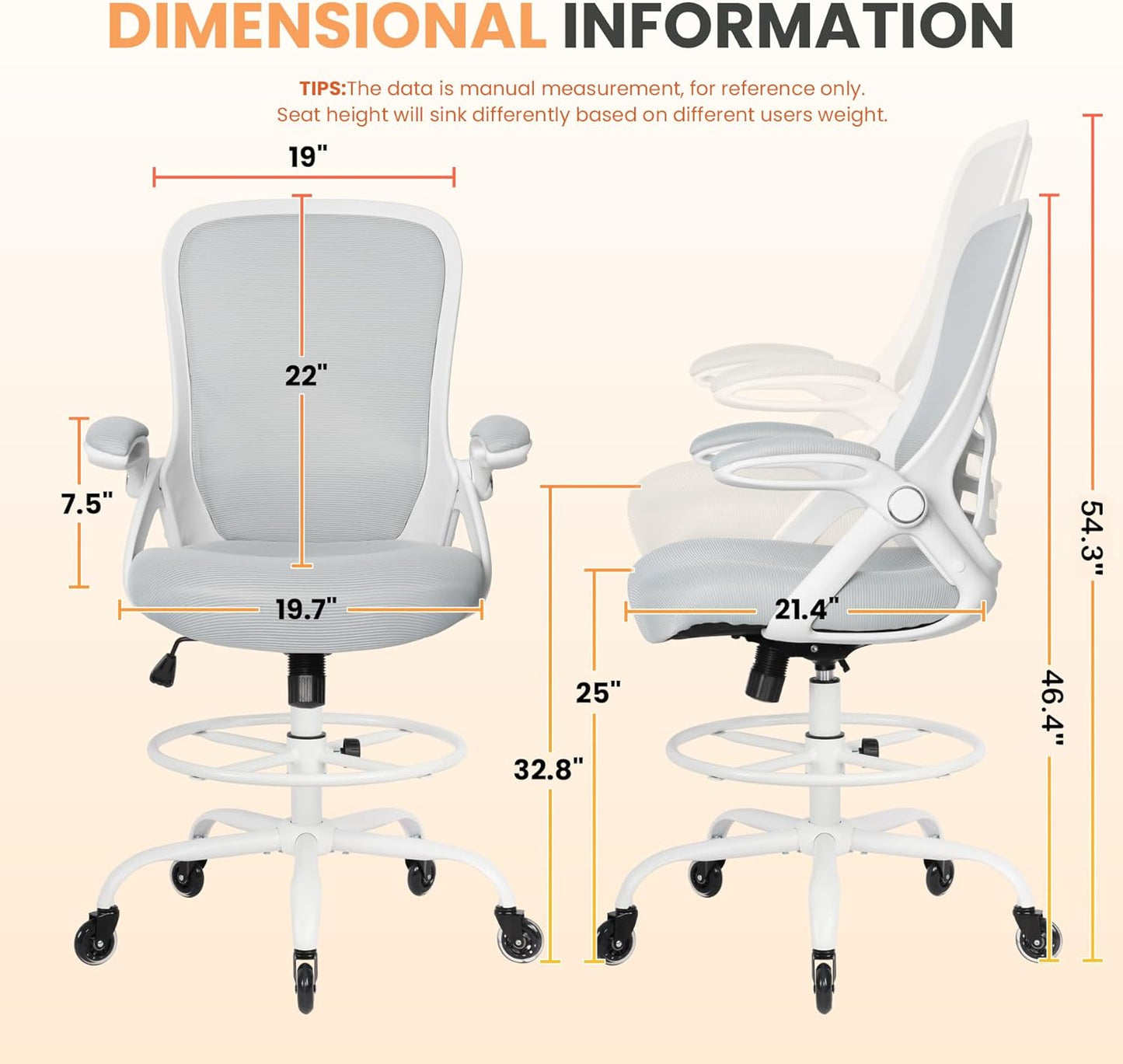 HYLONE Drafting Chair Tall Office, Ergonomic Standing Desk Stool Adjustable Drafting Chair Big Tall Drafting Office Chair White