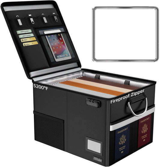 5200℉ Fireproof Document Box with Lock, Waterproof File Organizer with Handle, Portable Collapsible Filing Cabinet with Reflective Strip for Hanging Letter/Legal Folder, Black