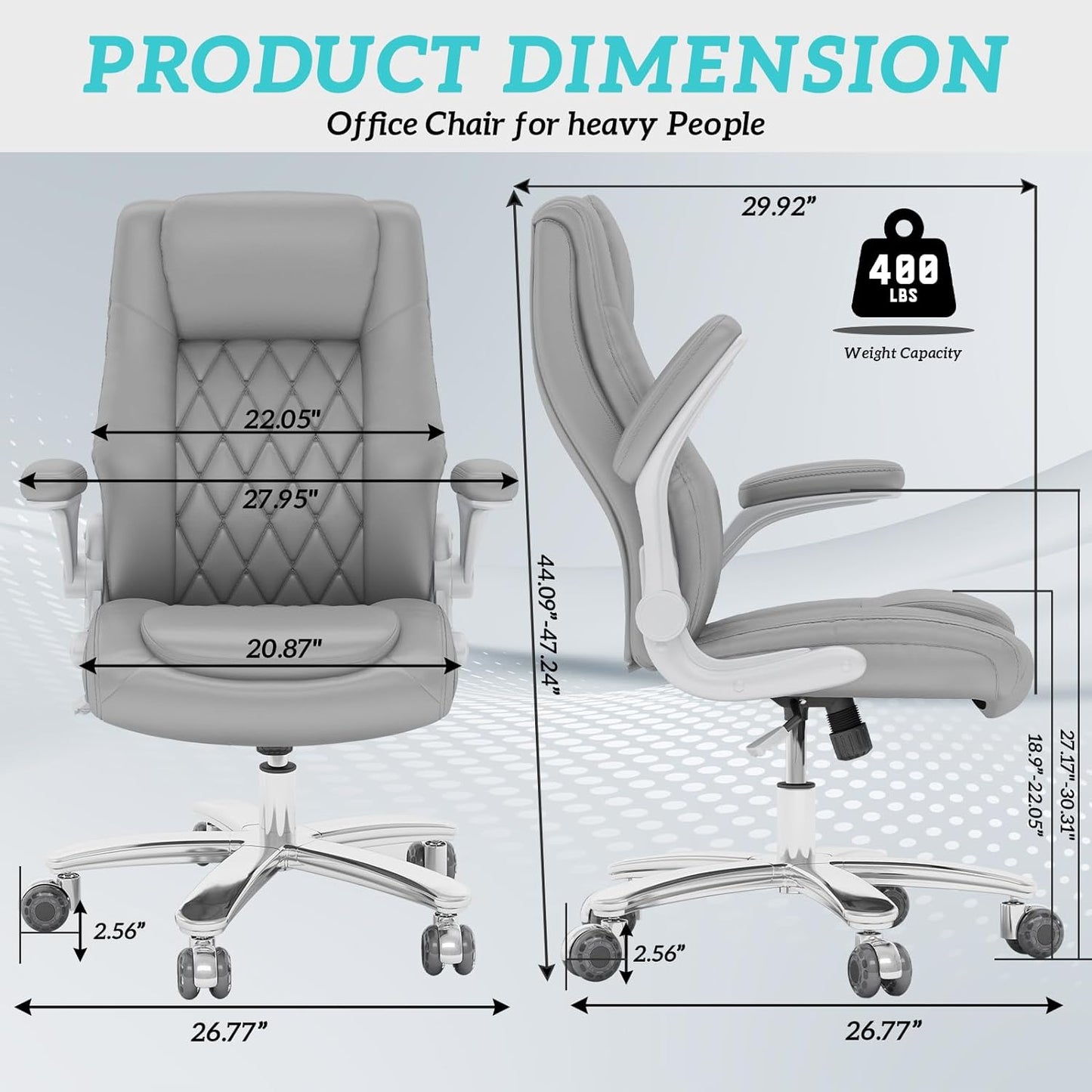 GYI O205P High Back Executive Office Chair, Big and Tall Office Chair 400LBS with Rubber Wheels,Ergonomic Adjustable Computer Desk Chairs with Padded Flip-up Armrests,Lumbar Support (Grey)