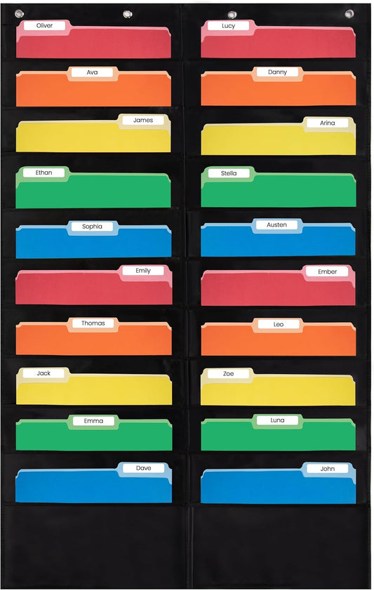 Essex Wares - 20 Pocket File Pocket Chart, Black, 28" Wide x 46" Tall - Versatile Wall Hanging File Folder Organizer for Classroom, Office, Home, and More - Wall Folder Organizer - 20 Pockets