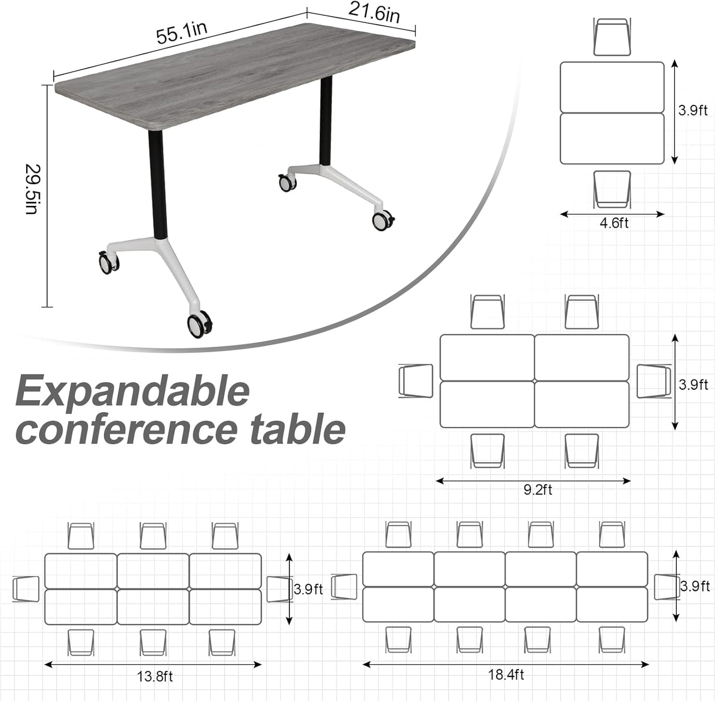 Folding Conference Table, Modern Large Conference Room Tables with Flip-Top Design, Foldable Conference Table Meeting Table with Wheels, Mobile Seminar Training Tables for Office Classroom (4, Oak)