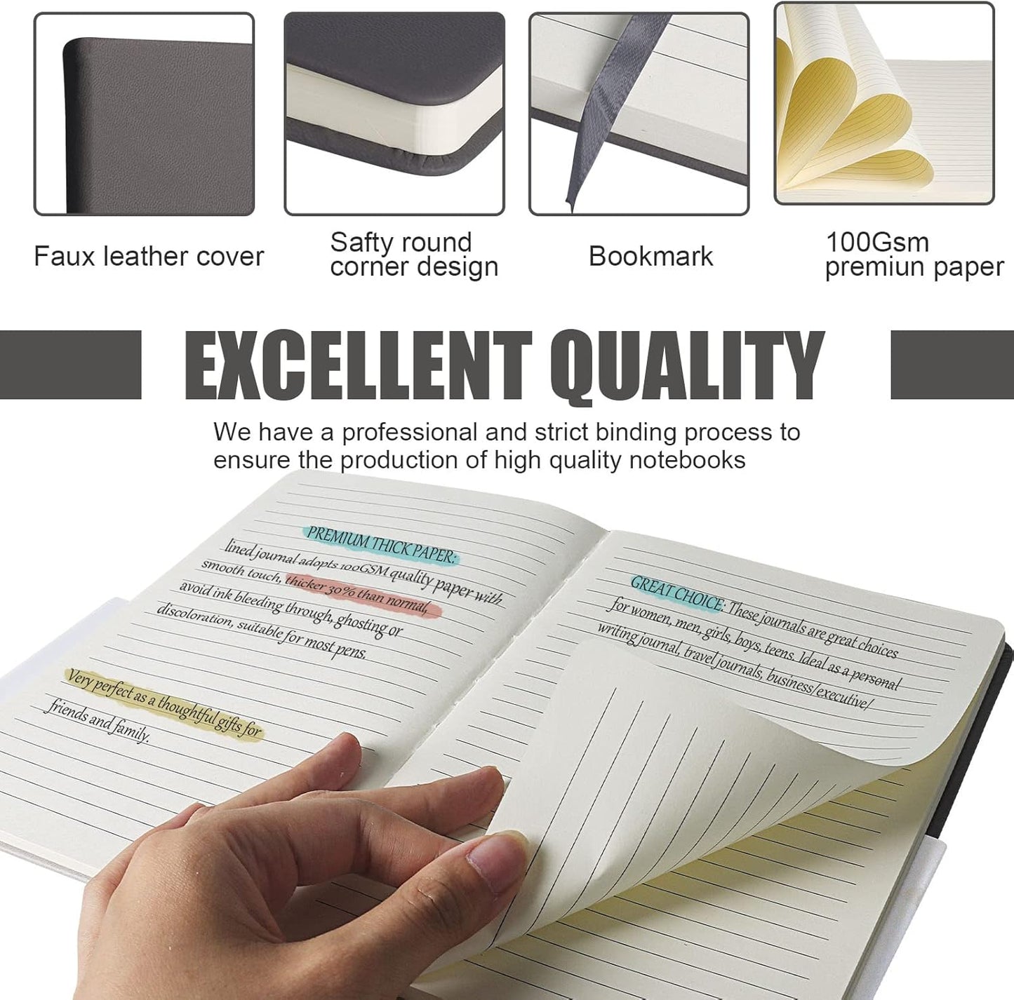 Lined Journal Notebook, 6Pack(Dark Gray), 160 Pages, Medium 5.7 inches x 8 inches - 100 gsm Thick Paper, Hardcover