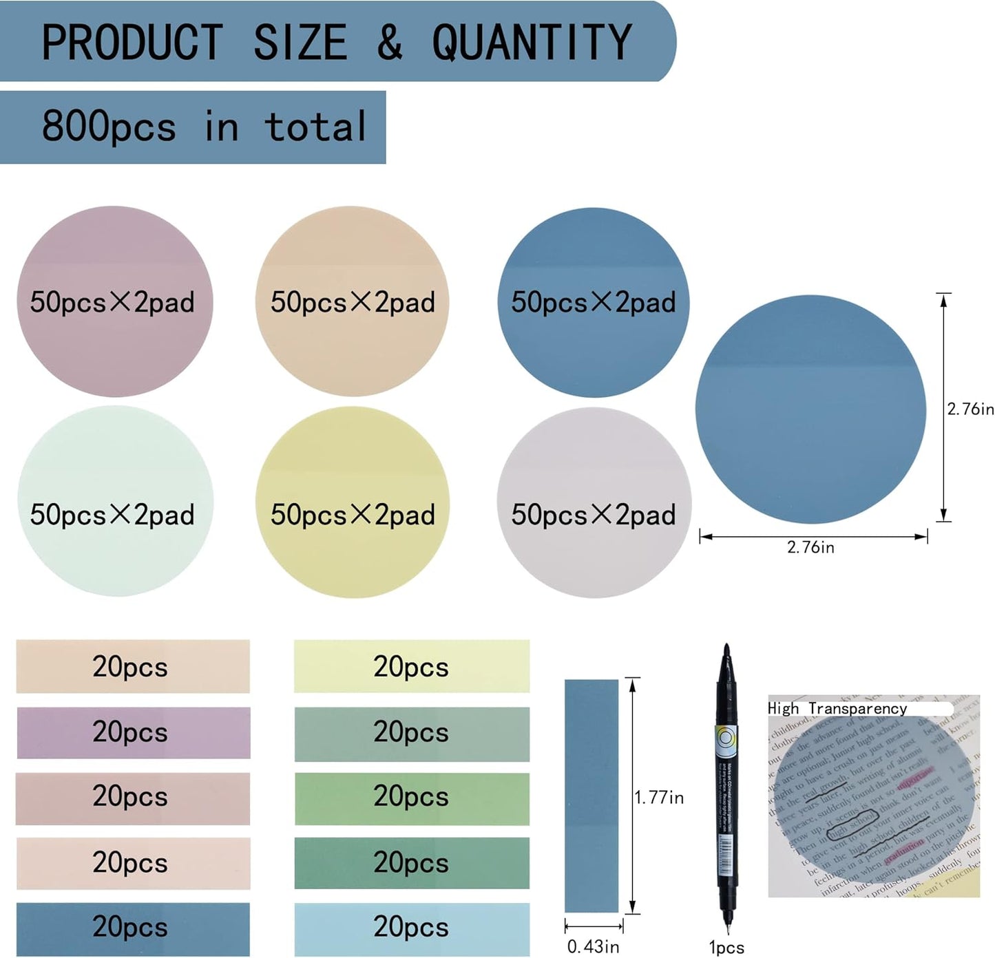 800Pcs Transparent Sticky Notes, 2.76"x2.76" Clear Round Sticky Notes, Waterproof Translucent Sticky Note Pads for Books Annotation, Clear Post it Notes for Bible Study, School, Office