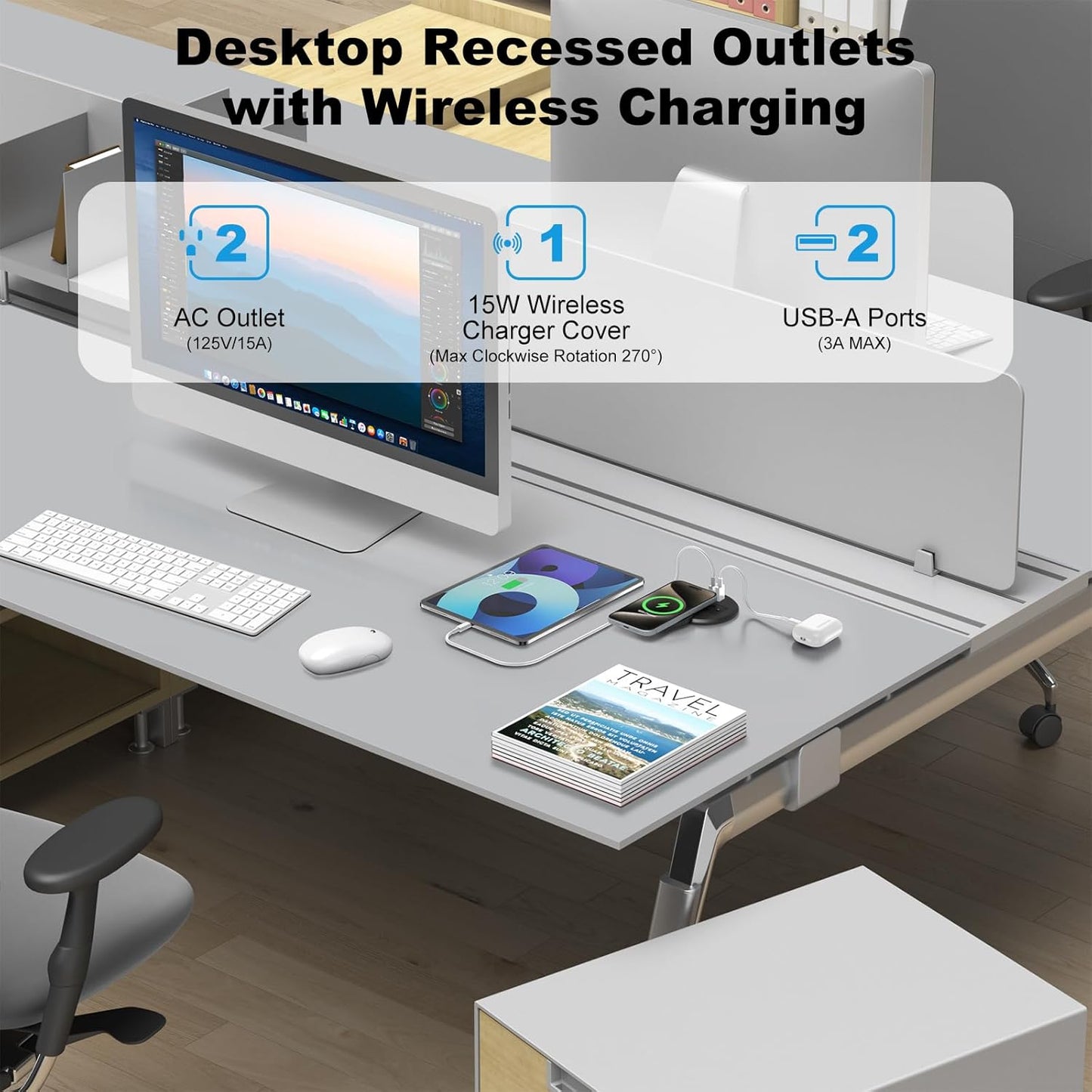 3 Inch Desk Hole Recessed Power Grommet with 15W Wireless Charger Cover, 2 USB-A Countertop Grommet Mount Power Outlet, with AC Outlets and 6ft Extension Cord Black
