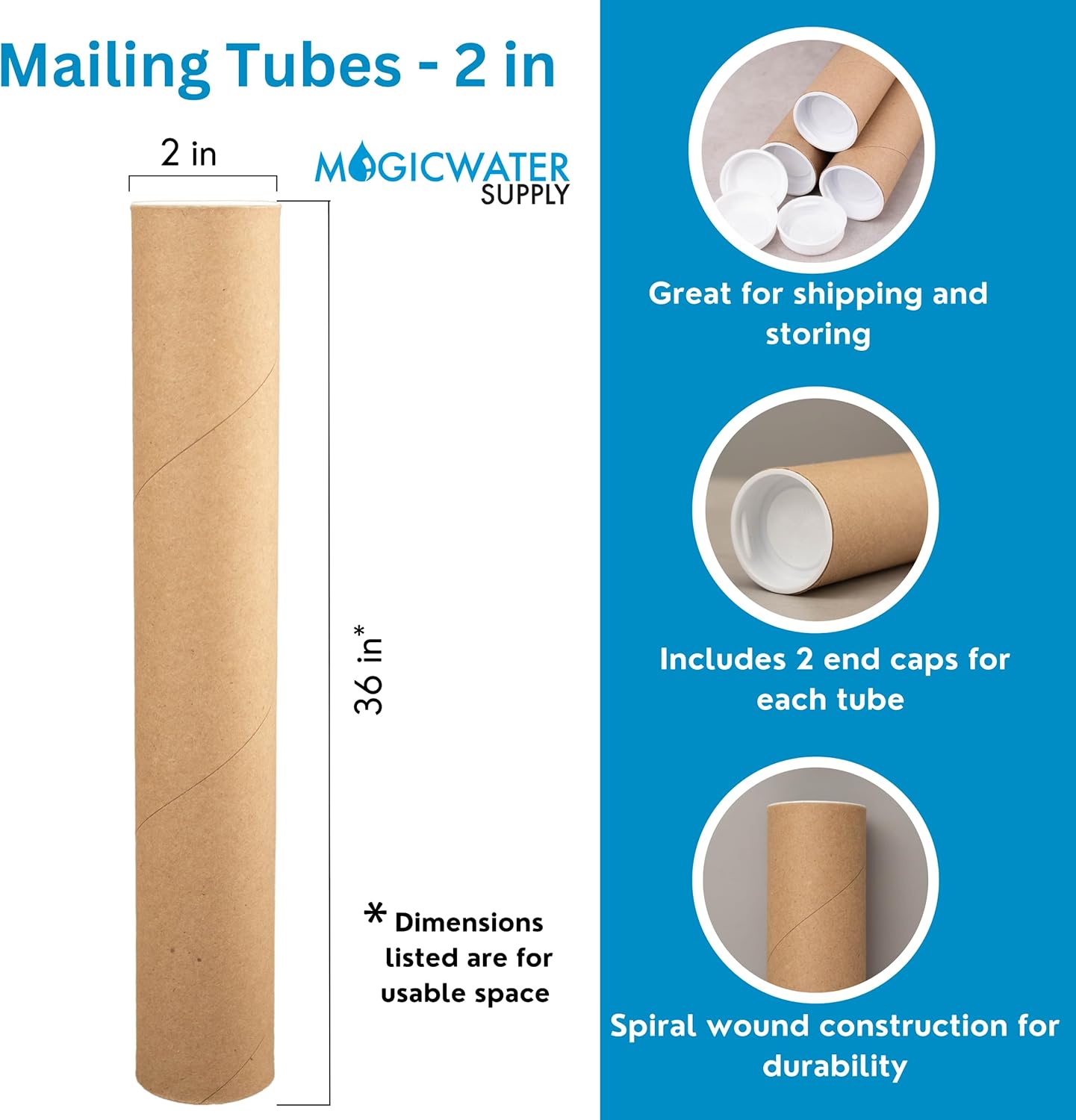 MagicWater Supply Mailing Tube - 2 in x 36 in - Kraft - 1 Pack - for Shipping and Storage of Posters, Arts, Crafts, and Documents