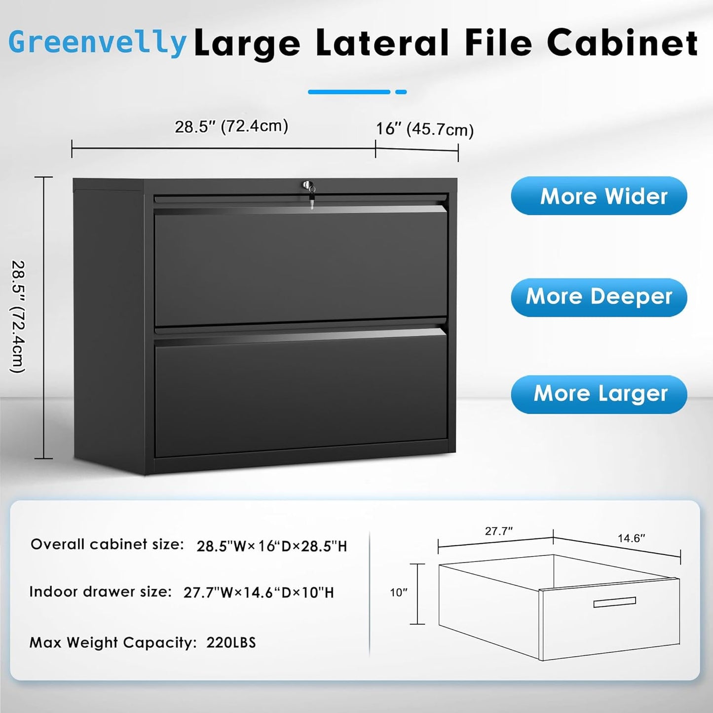 Pataku Lateral File Cabinet, 2 Drawer File Cabinet with Lock, Black Filing Cabinets for Home Office, Metal File Cabinet for Hanging Files/Letters/Legal/F4/A4(Black)
