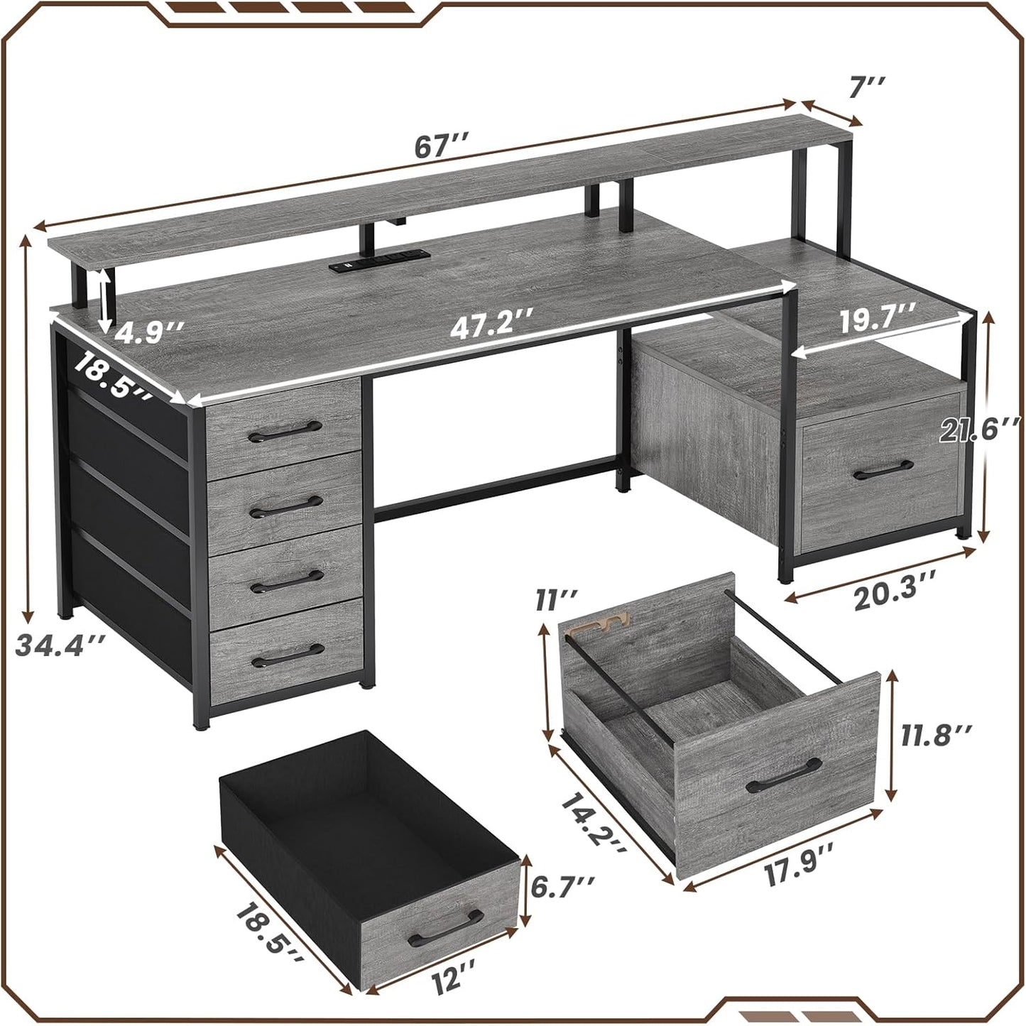 SEDETA Home Office Desk with File Drawer & Power Outlet, 66'' Computer Desk with 5 Drawer, Storage Shelves, Printer Cabinet and Monitor Shelf, Gaming Desk with Led Lights, Grey