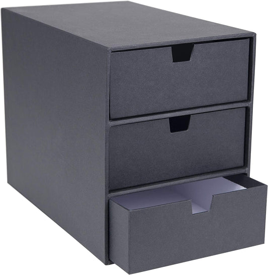 Bigso Ingrid 3-Drawer Fiberboard Desk Organizer for Office Supplies and Accessories - Stackable Makeup Drawer Organizer - 6.3in x 9.9in x 8.1in - Dark Grey