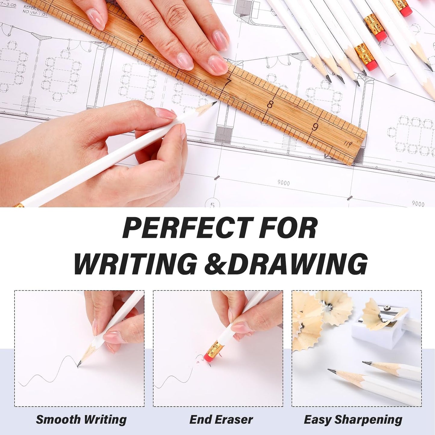 TecUnite 60 Pcs HB Pencils #2 Unsharpened Wood Cased Pencils with Eraser Hexagonal Pencil Cute Graphite No 2 Pen for Adults Gifts Exam School Office Sketching Learning(White, Gold)