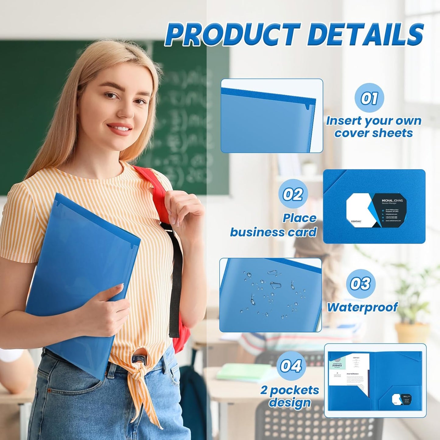 Henoyso 150 Pcs Plastic Folders with Clear Front Pockets Bulk Heavy Duty File Folders with 2 Pockets and Card Slot for Student Teacher Back to School Supplies Office Presentation (Blue)