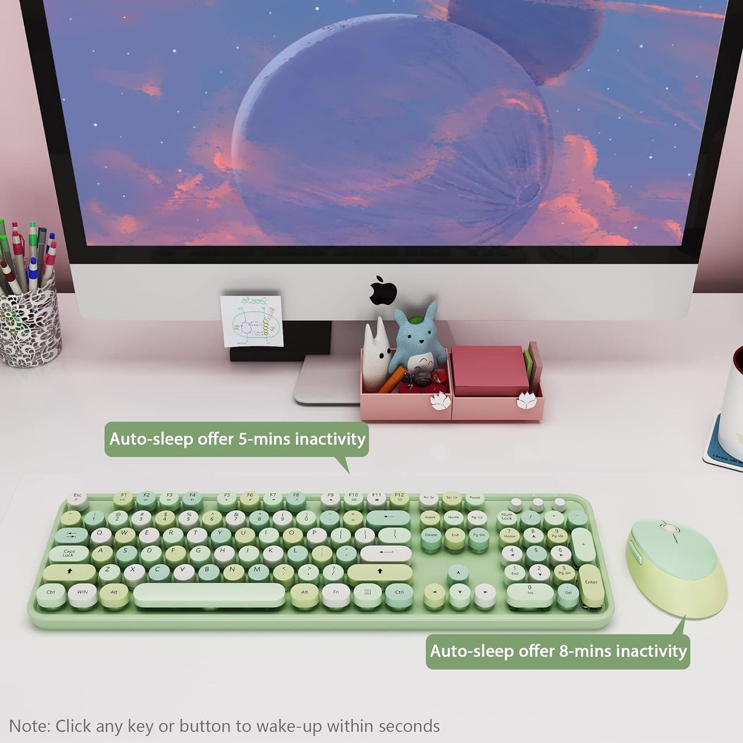 Green Wireless Keyboard and Mouse, KOOTOP Cute Green Colorful Keyboard and Mouse, 2.4G Wireless Keyboard with Retro Round Keycap for PC, Mac, Laptop,Tablet,Computer Windows (Green)