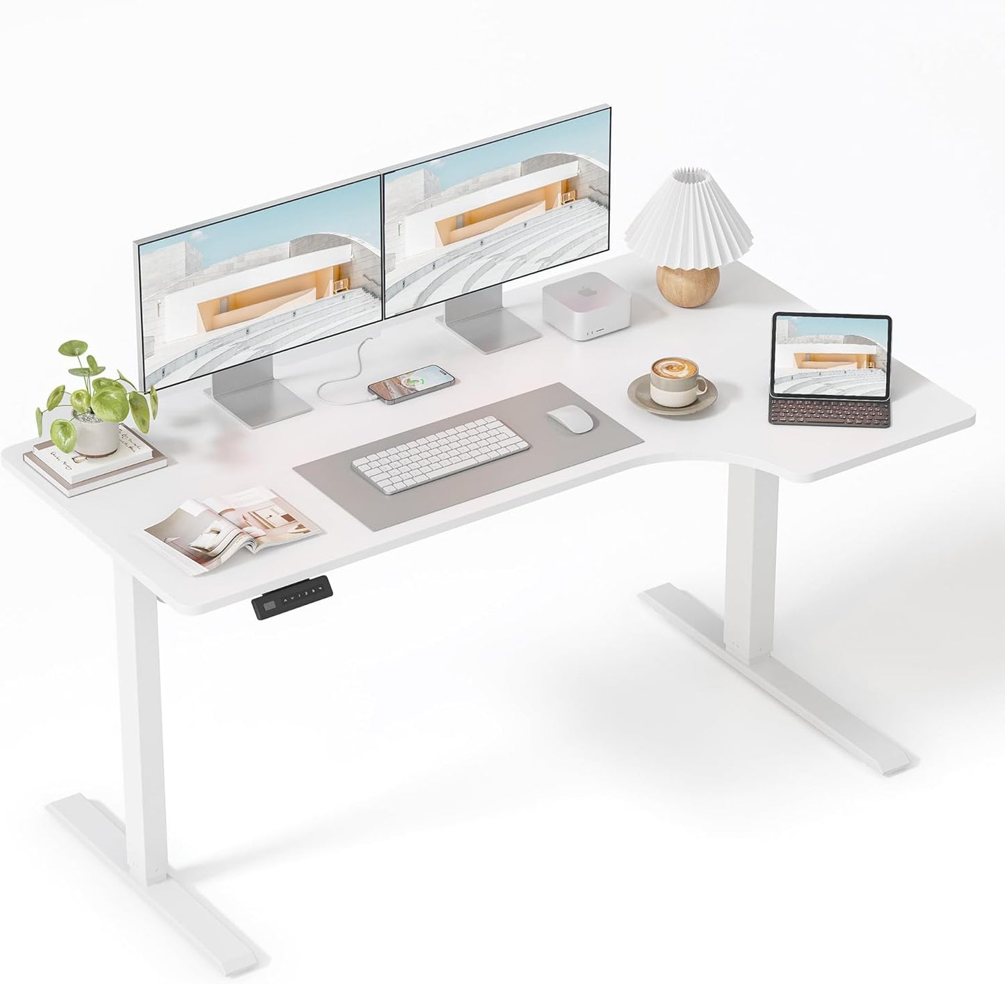 FEZIBO 55×32 inch L Shaped Electric Corner Standing Desk, 4 Memory Height Settings,Home Office & Computer Height Adjustable Table, Ergonomic Sit and Stand Up Workstation with Splice Board,White Top