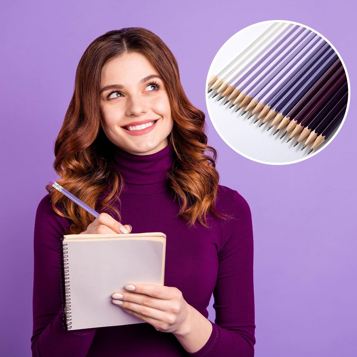 TecUnite 60 Pcs HB Pencils #2 Unsharpened Wood Cased Pencils with Eraser Hexagonal Pencil Cute Graphite No 2 Pen for Adults Gifts Exam School Office Sketching Learning(Purple Series, White)