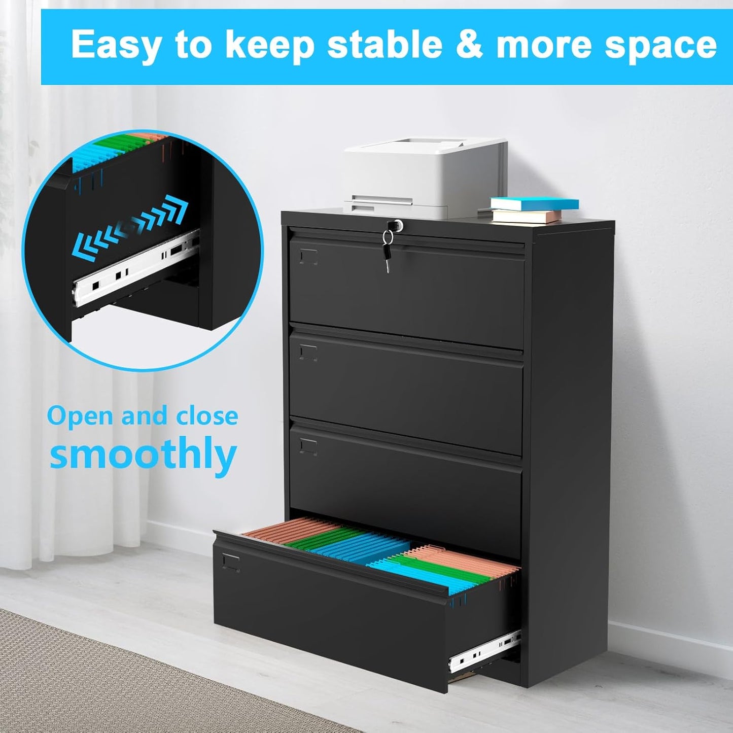52inch High 4 Drawer Metal Lateral Filing Cabinet - File Cabinets, Lockable Storage, Organizes Hanging Files (Letter/Legal/F4/A4 Size), Requires Assembly
