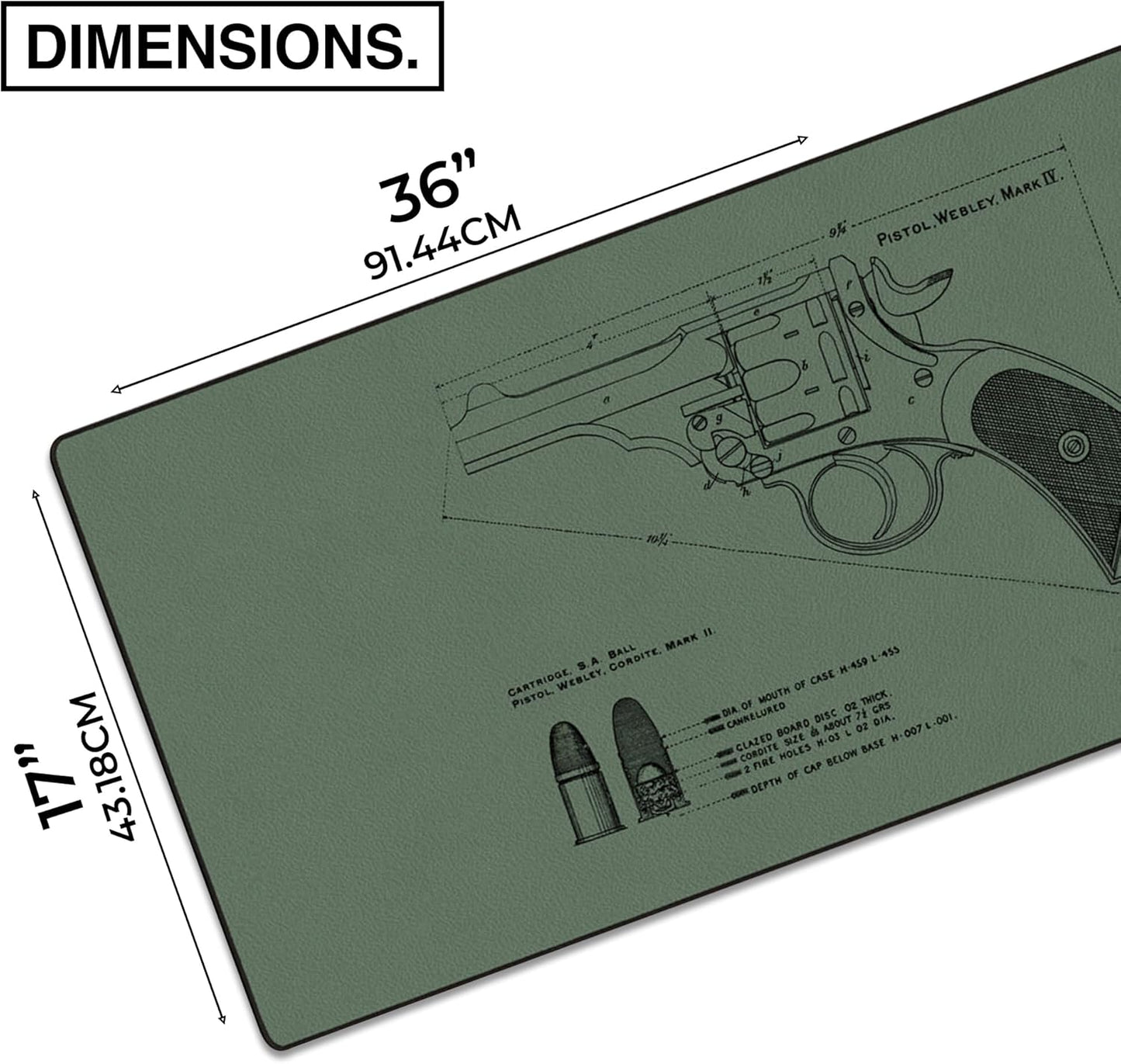MPCO. Blueprints Large Gaming Desk Pad - 36" x 17" Duraglyde Fabric Pistol Webly Mark IV – Green Desk Mats - Non-Slip, Washable, Smooth Glide for Precision Gaming & Work