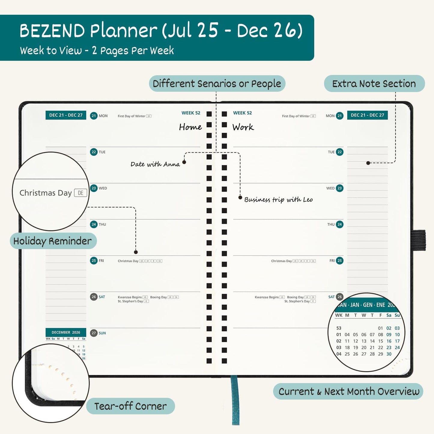 BEZEND Weekly Planner 2025-2026 with 2 Columns, 5.8" x 8.5" Academic Calendar 18 Months (Jul 25-Dec 26) Life Work Appointment Book with Monthly Tab, PU Leather Softcover Spiral - Mustard