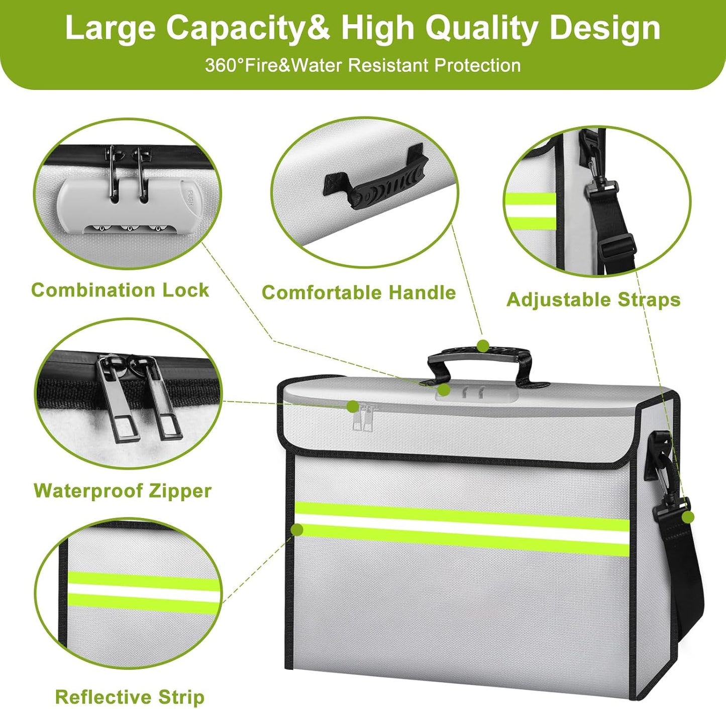 Fireproof Money Bags with Lock-6500°F Fireproof Document Box,10 Layers Insulation Materials&Waterproof Zipper,Removable Folder Layers/Wallet,Reflective Strip for Cash,Valuables(14.2”x 9.6”x 4.1”)