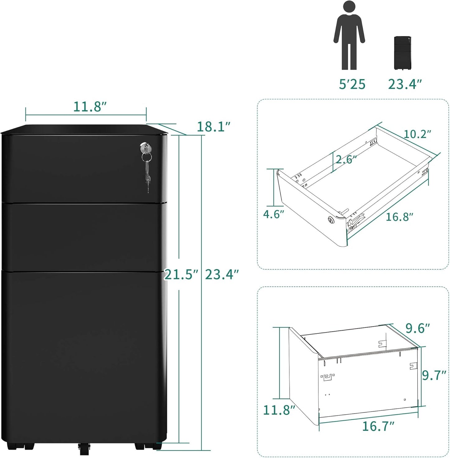 YITAHOME 3-Drawer Metal Filing Cabinet Office Drawers with Keys, Compact Slim Portable File Cabinet, Pre-Built Office Storage Solution for A4/Letter/Legal, Black