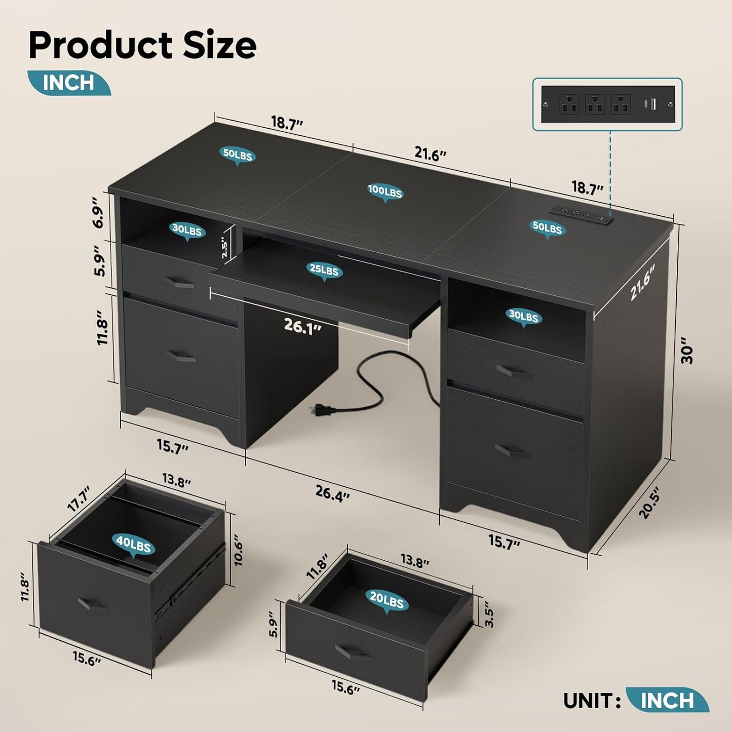 Bestier 59” Computer Desk with 4 Drawers, Office Desk with Storage, Modern Executive Desk with Charging Station, Keyboard Tray & Wooden Pedestals on Both Sides for Home Office & Studio, Black