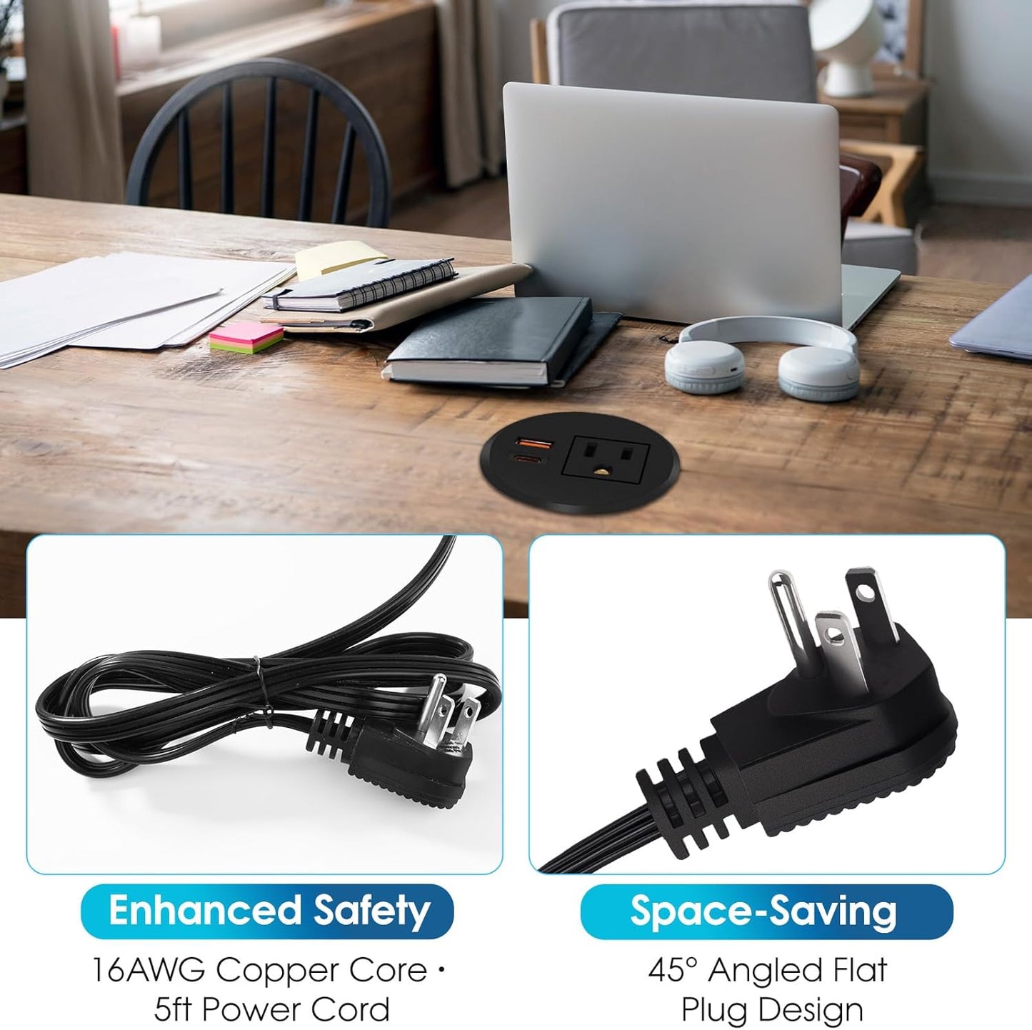 Desk Power Grommet 2.5‘’ Hole, Desktop Power Grommet, USB C 20W Fast Charging Station, Recessed Power Strip for Desk, Furniture, Office Table, Work & Living Space Essential (2 Pack)