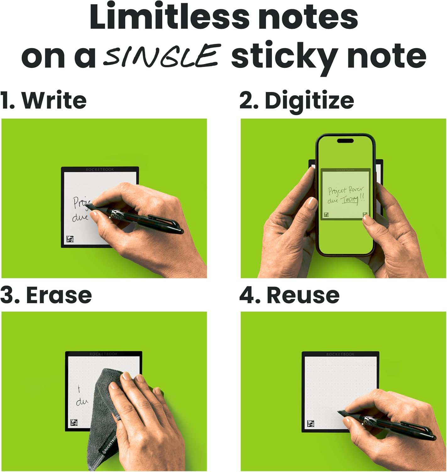 Rocketbook Reusable Sticky Notes Starter Pack with Storage Case, Pen, and Towel, 3"x3", 15 Black Notes - Dotted Paper, App-Connected, Erasable, Reusable Adhesive, Ideal for To-Do Lists