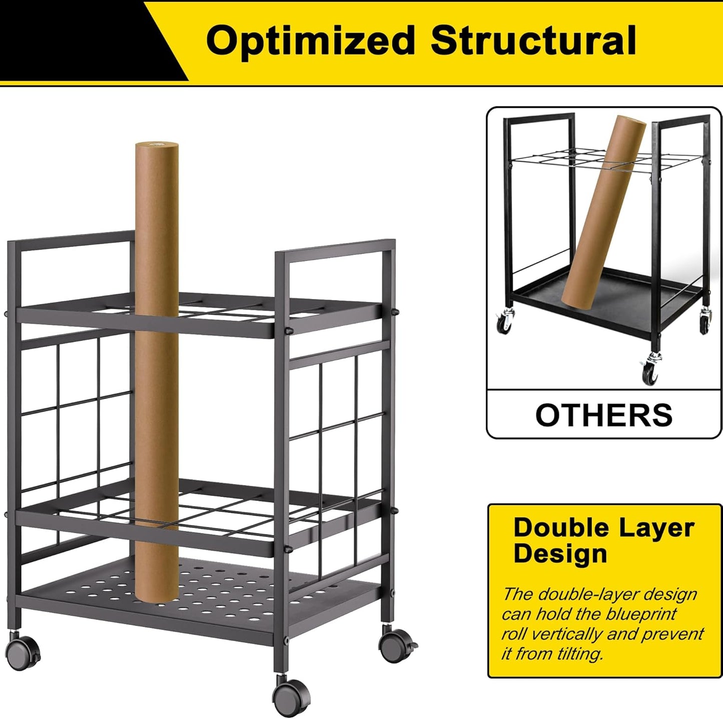 GIOTORENT Blueprint Storage Rack, Blueprint Holder with Wheels, Used for Storing Map/Poster/Blueprint/Architectural Construction Plan, 12 Slots, 2 Brakes, Silent Wheel for Home, Office, School(Black)