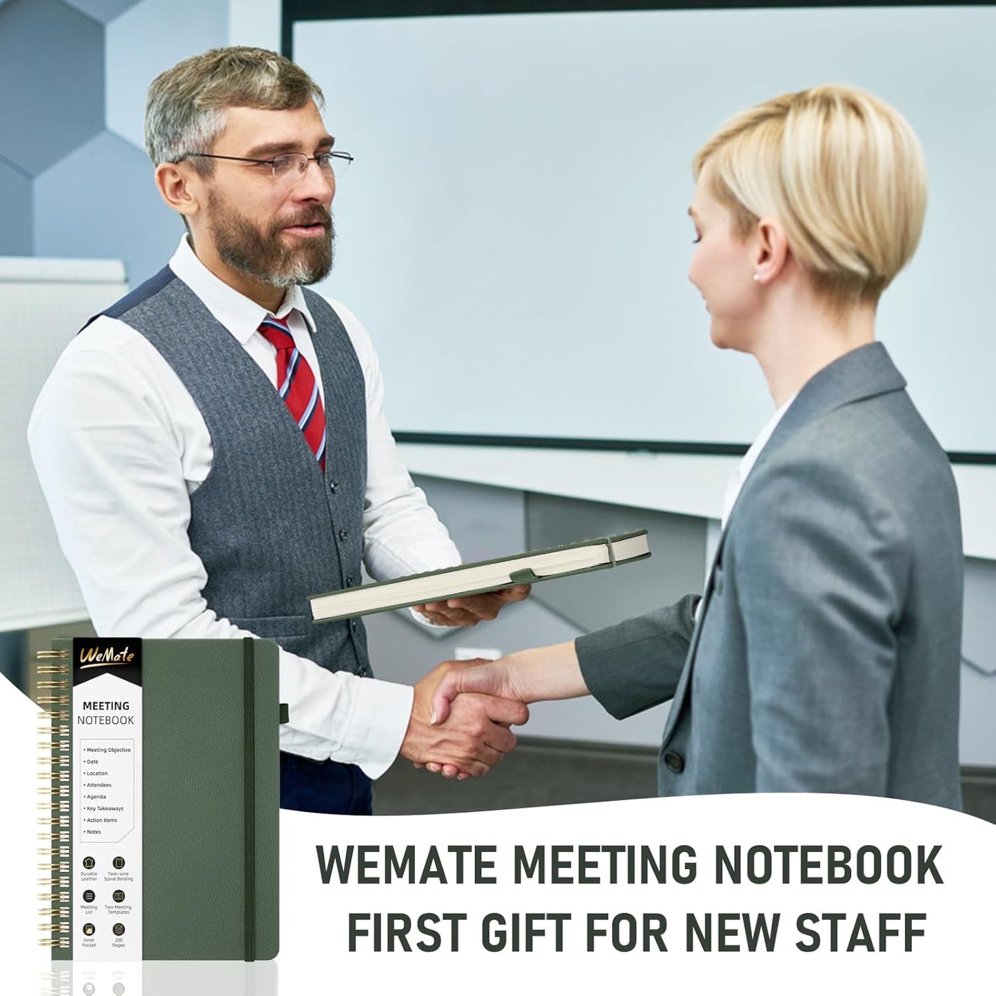 WEMATE Meeting Notebook for Work B5 (7"x10") - PU Leather Work Notebook with Agenda, Action Items & Notes - 200 Pages for Men&Women, Staff and Students, Meeting, Projects Planning - Olive Green