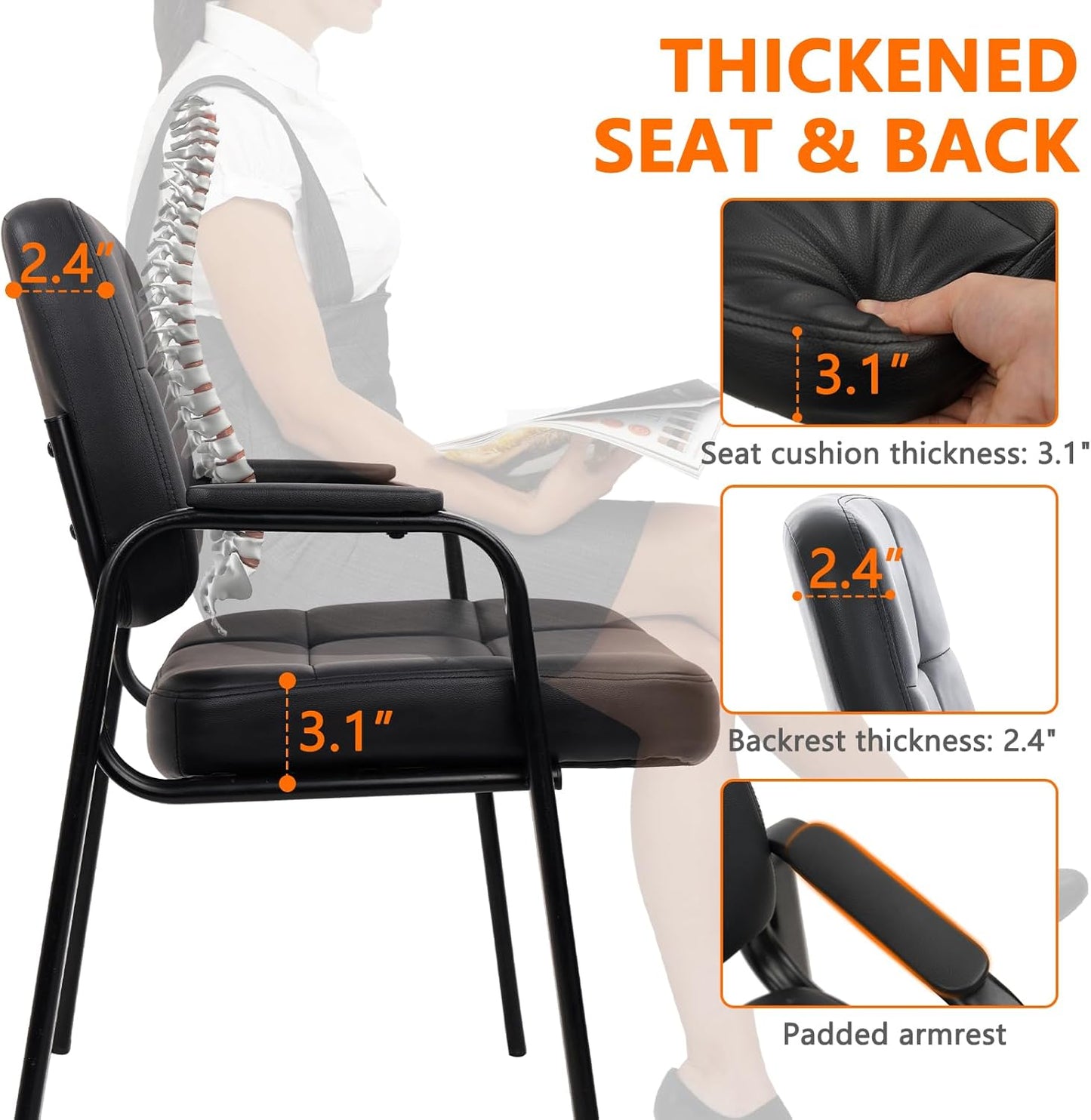 CLATINA Big & Tall 800 lbs Waiting Room Guest Chair, Leather Office Reception Chair No Wheels with Padded Arms for Elderly Home Desk Conference Room Lobby Side Salon Clinic, Black(8 Pack)