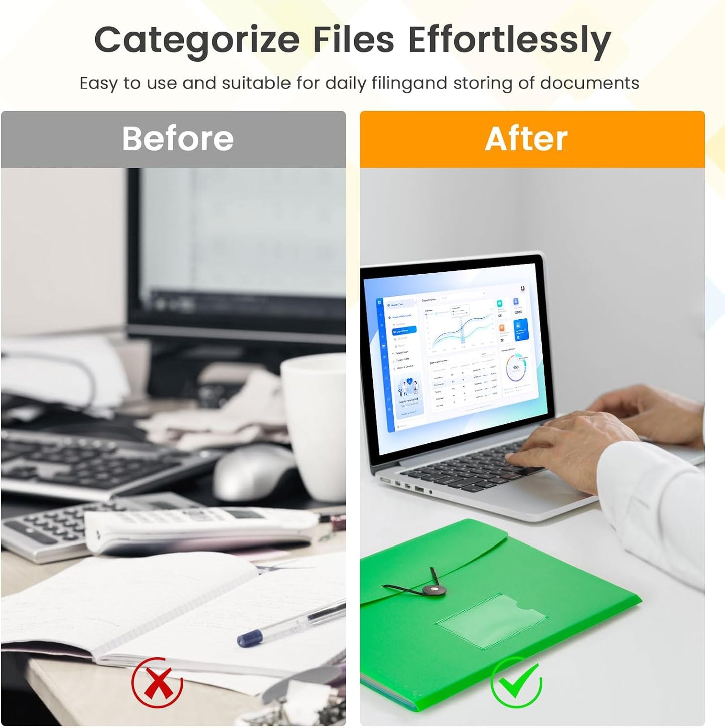 Accordion File Organizer, 7 Pockets Expanding File Folder with Labels, A4/Letter Size Portable Folders for Documents, Paper Organizer for School Office Supplies, Green