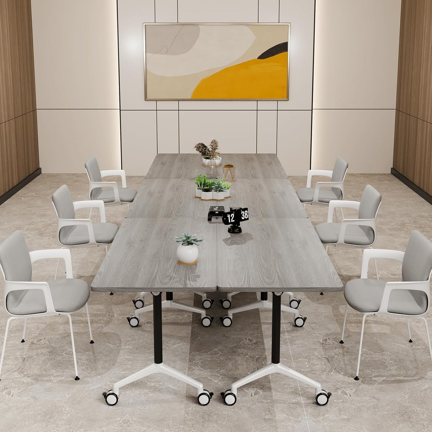 Folding Conference Table, Modern Large Conference Room Tables with Flip-Top Design, Foldable Conference Table Meeting Table with Wheels, Mobile Seminar Training Tables for Office Classroom (2, Oak)