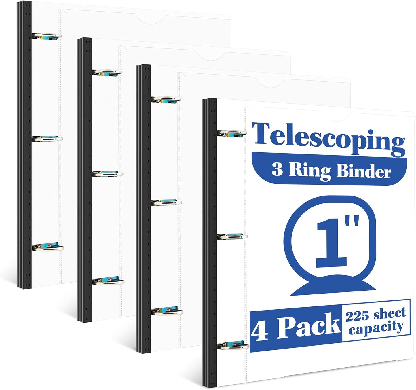 INFUN 1 Inch Telescoping 3 Ring Binder - 4PCS-White, Flexible Binders with Customizable Front Cover and Clear Catalog Pocket, 1Inch Rings, 225 Sheet Capacity
