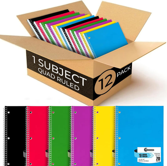 1 Subject Graph Paper Spiral Notebook, 12 Pack, 70 Sheets (140 Pages), 8 x 10-1/2" Bulk 4x4 Spiral Bound Grid Notebooks, 3 Hole Punched Single Subject Quad Ruled Spiral Notebooks for School