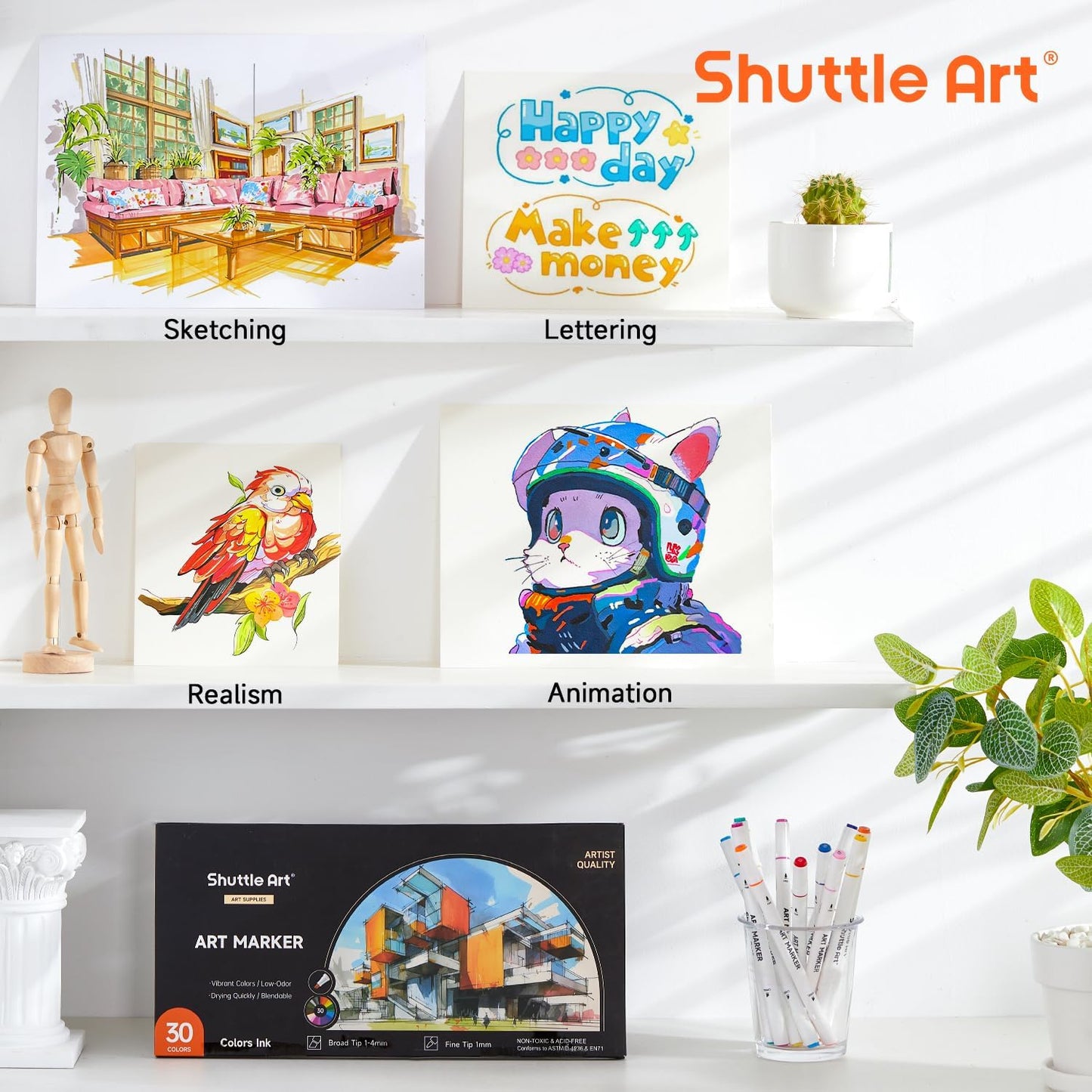 Shuttle Art 30 Colors Dual Tip Art Markers Permanent Marker Pens Highlighters Perfect for Illustration Adult Coloring Sketching and Card Making