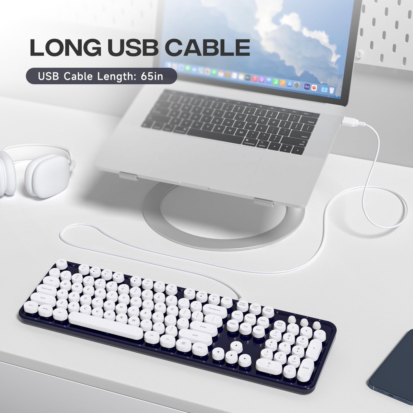 Wired Keyboard, 104 Keys Full-Sized Typewriter Keyboards, USB Plug and Play Office Keyboard with Number Pad, Caps Indicators, Foldable Stands for Windows, PC, Laptop, Desktop (Black)