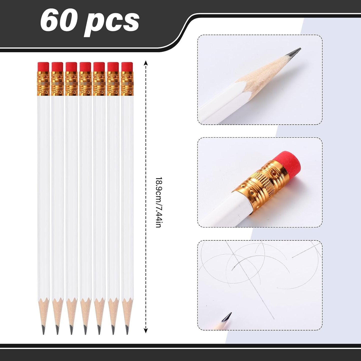 TecUnite 60 Pcs HB Pencils #2 Unsharpened Wood Cased Pencils with Eraser Hexagonal Pencil Cute Graphite No 2 Pen for Adults Gifts Exam School Office Sketching Learning(White, Gold)