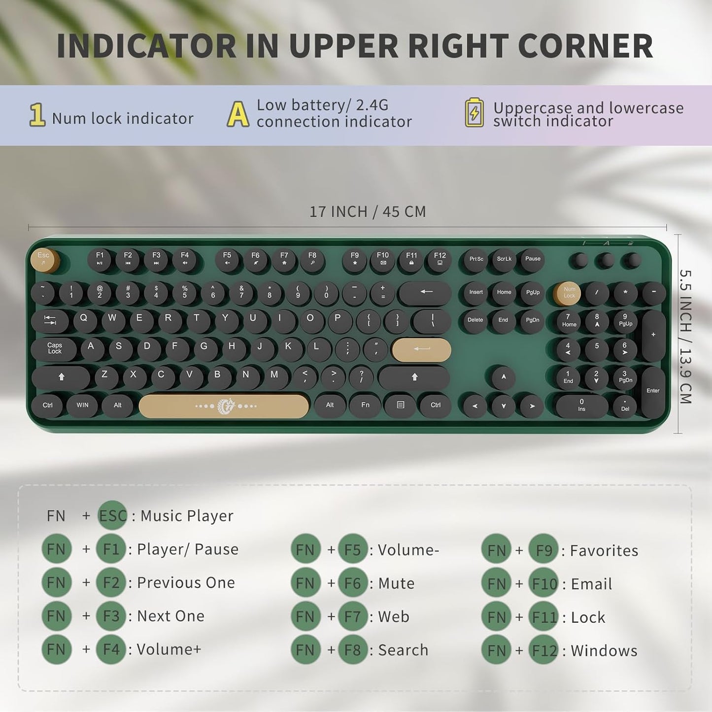 FD Wireless Keyboard and Mouse | Cute Colorful Keyboard and Mouse with 2.4GHz Cordless Retro Typewriter Keyboard | Auto-Sleep | USB Receiver for Windows PC/Laptop - Green Colorful