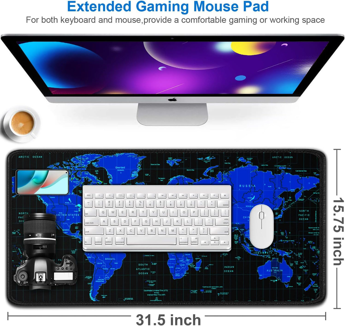 Gaming Mouse Pad, 31.5x15.7 inch Large Extended Computer Keyboard Mouse Mat, Water Resist Non-Slip Mousepad Rubber Base Long XXL Desk Mouse Pad for Work & Gaming, Office & Home, Blue Map