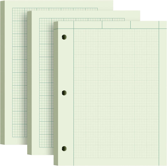 Engineering Paper 8.5 x 11, 3 Pack Engineering Notebook, 5x5 Quad Ruled, 3-Hole Punched Graph Paper, Top Binding Green Engineering Computation Pad 8.5 x 11, 100 Sheets/Pad Engineering Paper Notebook