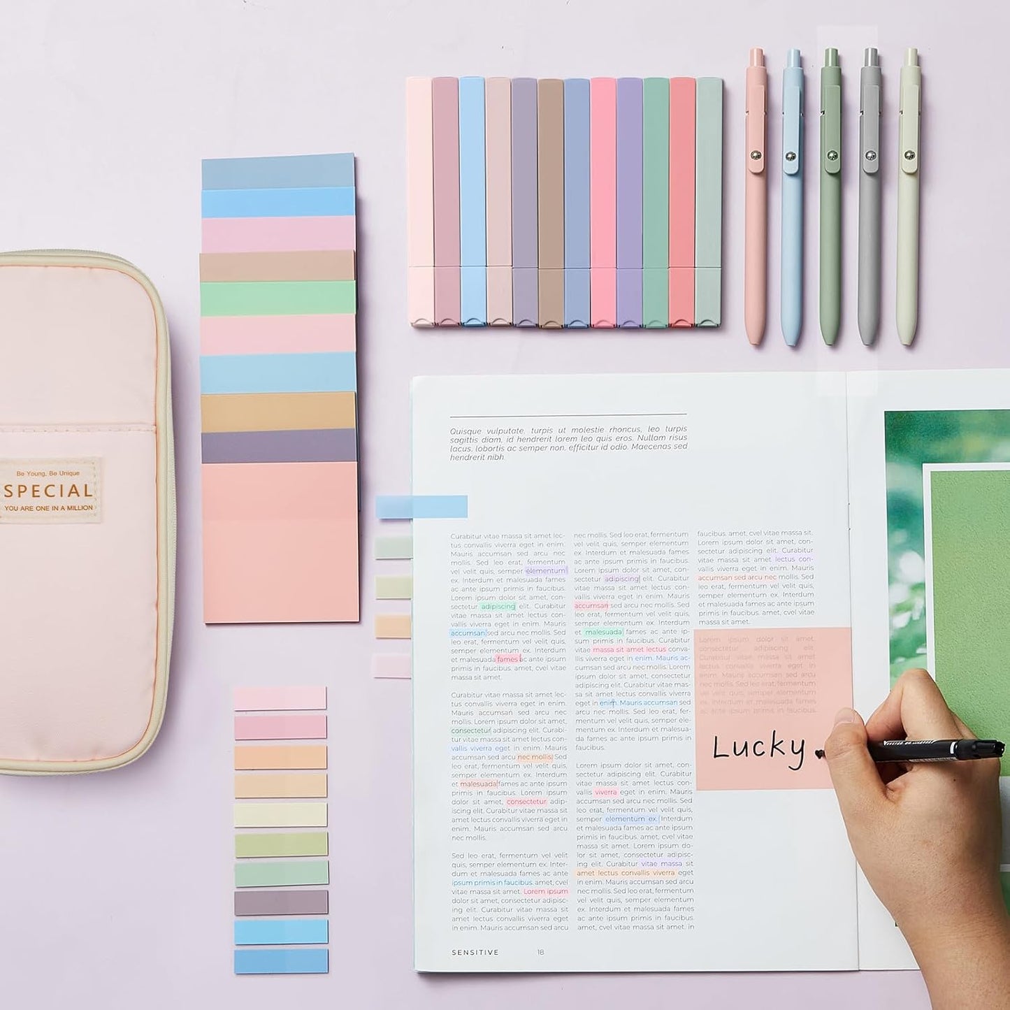 Jutom 39 Pcs Aesthetic Book Annotation Kit Highlighter with Pencil Case Bag Gel Pen Transparent Sticky Note Taking Bible Study College School Supplies(Pink,Cute Style)