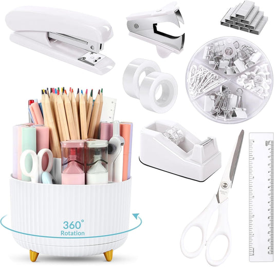 SKYDUE White Office Supplies Set, Office Desk Accessories 10PCS, Pencil Holder for Desk, Stapler, Tape Dispenser, Scissors, Ruler, Binder/Paper Clips and 1000pcs Staples,Desk Supplies Set